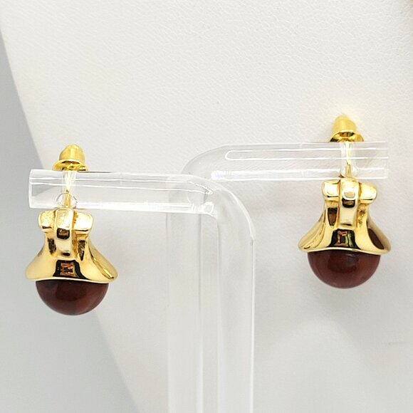 Red Jasper & Gold Tone Earrings & Necklace Set Snake chain 17" - Picture 6 of 12